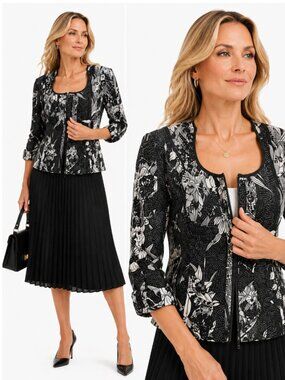Joseph Ribkoff Black and White Floral Zip Front Jacket